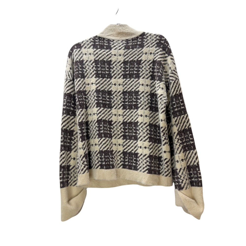 Belle by Belldini XL Cream Black Plaid Mock Neck Fuzzy Eyelash Knit Sweater - Picture 2 of 4